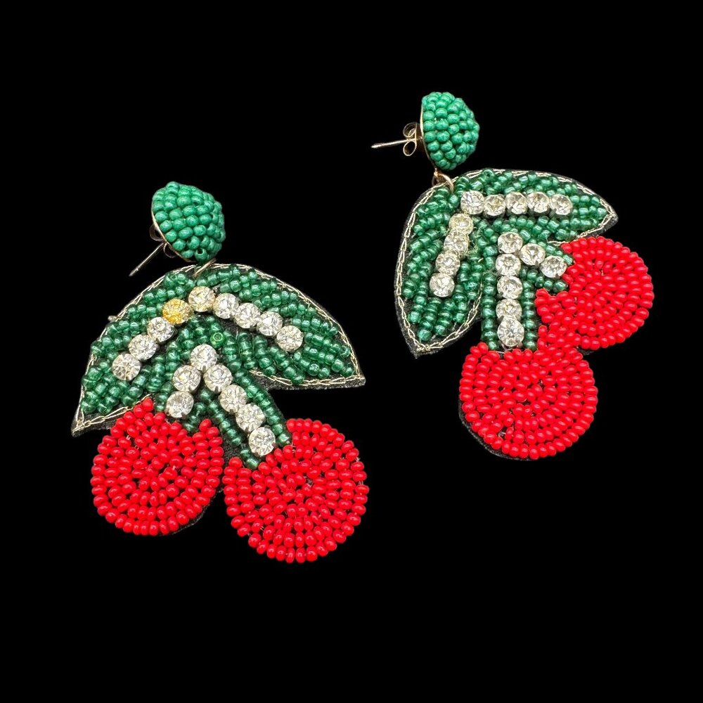 Novelty Cherries Pierced Earrings Sees Beads and Clear Stones Dangling